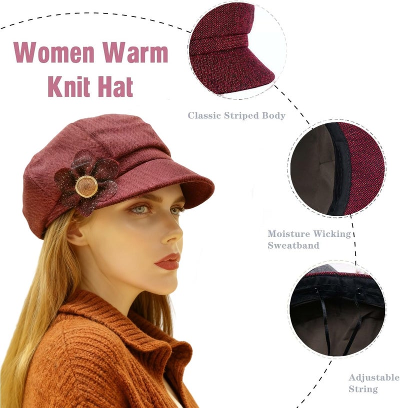 stablerice 2 Pcs Womens Newsboy Cap Women Retro Classic Visor Newsboy Cabbie Cap Beret Hats with Flower Buckle - Image 3